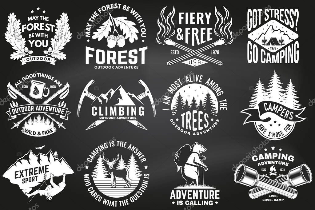 Set of logo, badge design with inspirational adventure quotes. Concept with oak leaf and acorns, pin forest, coffee or tea mug, hiker, climber, matches stick, camping flashlight and mountain. Vector