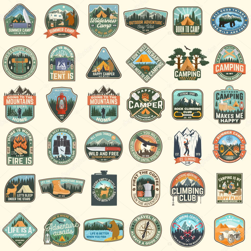 Set of rv camping badges, patches. Vector. Concept for shirt or logo, print, stamp or tee. Vintage typography design with RV Motorhome, camping trailer and off-road car silhouette.