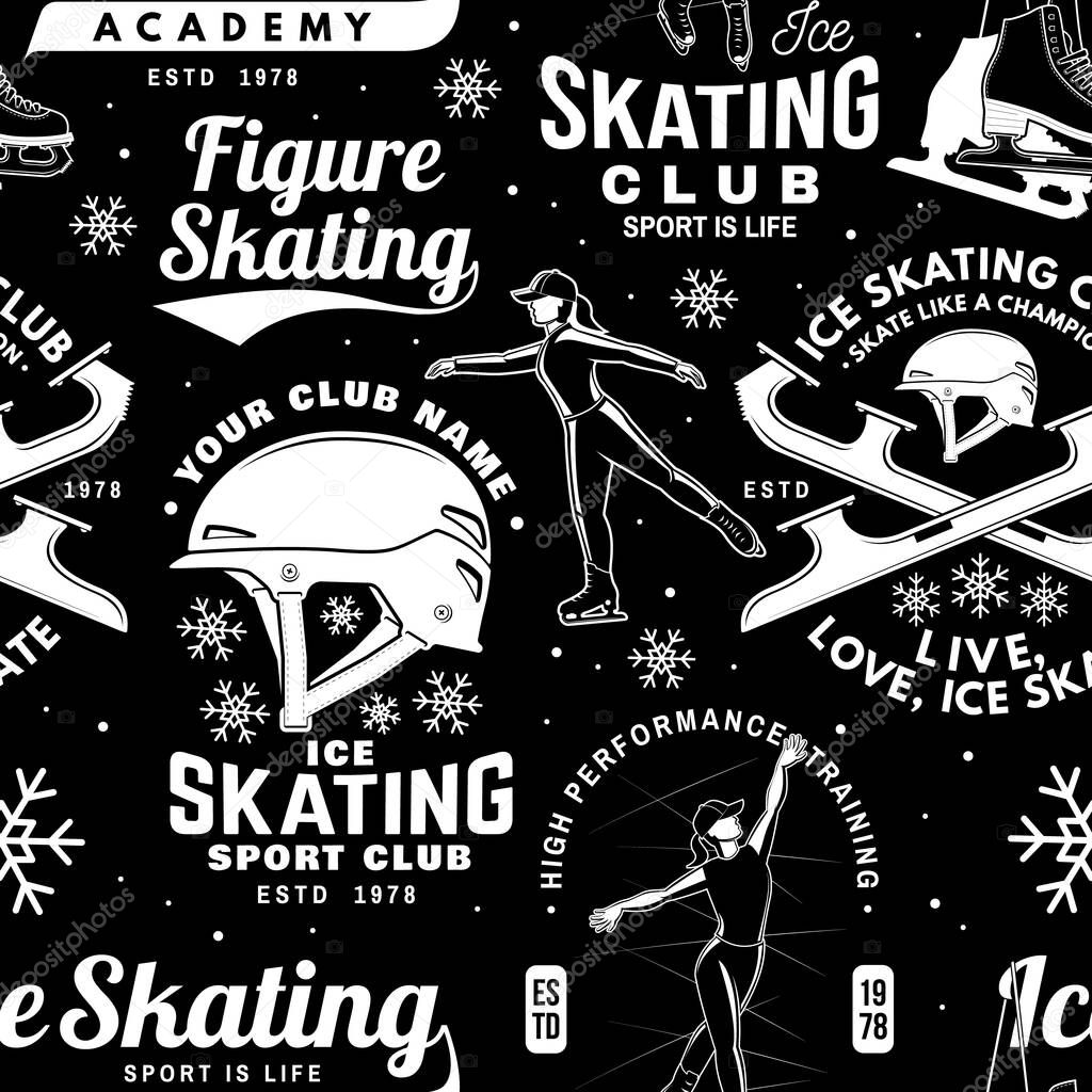 Ice Skate club seamless pattern design. Background, wallpaper, seamless pattern with skate, skates blades and helmet . Winter sport. Vector illustration