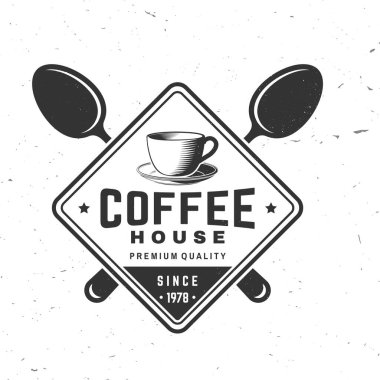 Kahve evi. Vektör çizimi. Kafe ve restoran logosu, marka, etiket. Fincanlı ve kaşık kahveli klasik kafe logosu..
