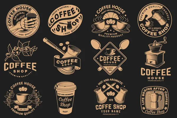 Kahve dükkanı. Sıcak ve aromatik. Vektör. Kafe ve restoran logosu, marka, kağıt kahve fincanı, kahve ağacı dalı, öğütücü silueti..