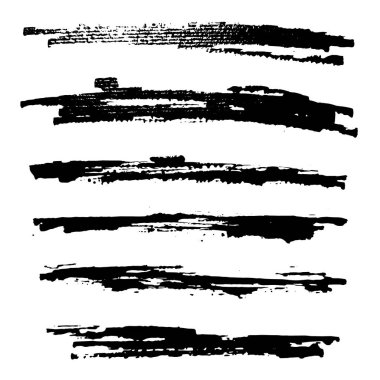 Bir dizi siyah mürekkep fırçası darbesi. Vektör çizimi. Kirli suluboya dokusu, kutu, çerçeve, grunge arkaplan, sıçrama veya sosyal medya için yaratıcı şekil.