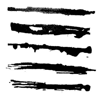 Bir dizi siyah mürekkep fırçası darbesi. Vektör çizimi. Kirli suluboya dokusu, kutu, çerçeve, grunge arkaplan, sıçrama veya sosyal medya için yaratıcı şekil.