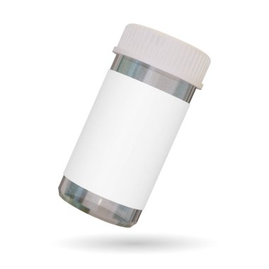 Üzerinde Blank Label olan 3D Gerçekçi İlaç Şişesi. Plastik boş tıbbi kaplar, ilaç ambalajları için mükemmel. Vektör illüstrasyonu
