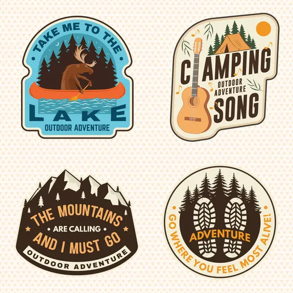Poster için ekstrem macera eserleri, üzerinde kamp alıntısı olan çıkartmalar. Vektör. Gömlek, logo, baskı, pul ya da tişört konsepti. Yaz kampı.