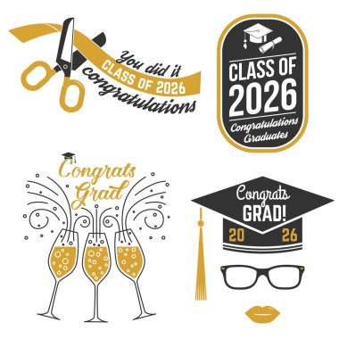 2026 Vektör Sınıfı rozetleri. Vektör çizimi. Gömlek, baskı, mühür, üst üste veya damga, selamlama, davetiye kartı kavramı. Tipografi tasarımı. 2026 mezuniyet sınıfı için.