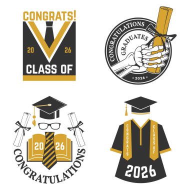 2026 Vektör Sınıfı rozetleri. Vektör çizimi. Gömlek, baskı, mühür, üst üste veya damga, selamlama, davetiye kartı kavramı. Tipografi tasarımı. 2026 mezuniyet sınıfı için.