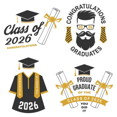 2026 Vektör Sınıfı rozetleri. Vektör çizimi. Gömlek, baskı, mühür, üst üste veya damga, selamlama, davetiye kartı kavramı. Tipografi tasarımı. 2026 mezuniyet sınıfı için.