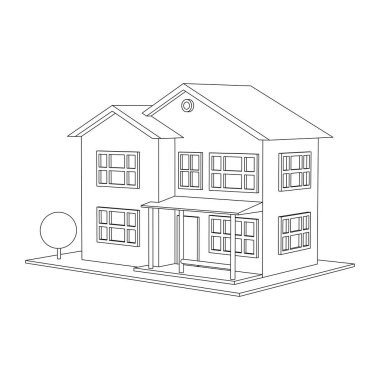 Üç boyutlu banliyö evi modeli. Modern binanın çizimi. Beyaz arka planda kulübe projesi. Vektör illüstrasyonu