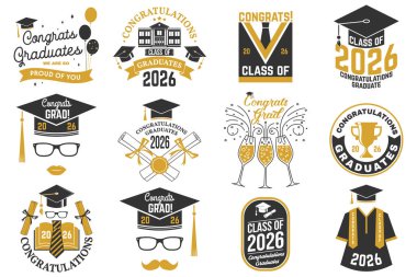 2026 Vektör Sınıfı rozetleri. Vektör çizimi. Gömlek, baskı, mühür, üst üste veya damga, selamlama, davetiye kartı kavramı. Tipografi tasarımı. 2026 mezuniyet sınıfı için.