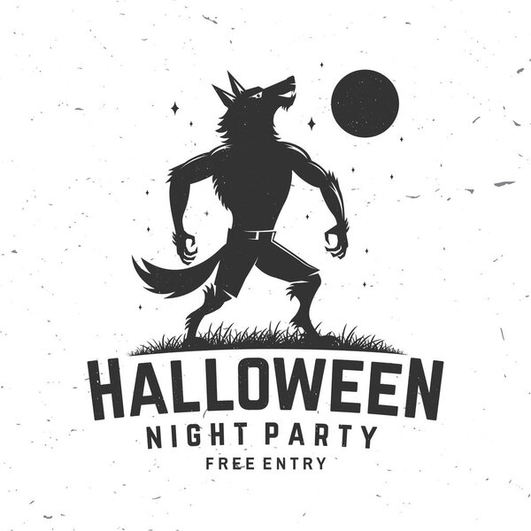 Halloween night party design. Vector illustration. For holiday Halloween design, shirt, logo, badge, decorations, cards, banner with scary werewolf silhouette