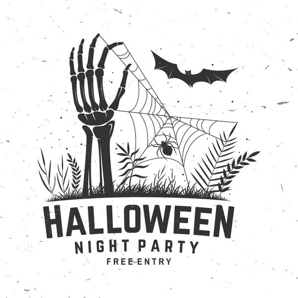 Halloween night party design. Vector illustration. For holiday Halloween design, shirt, logo, badge, decorations, cards, banner with skull hand sticking out of grave silhouette