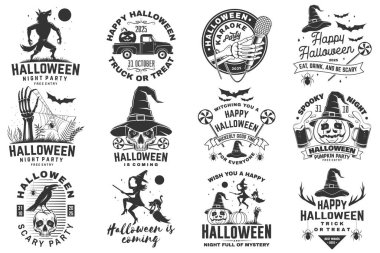 Cadılar Bayramı vektörleri, içinde balkabakları, büyücü şapkası giymiş kafatasları, kurt adam, süpürge sapında uçan cadı, bira kupası ve balkabağı kamyoneti silueti olan ürkütücü elementlerle dolu. Cadılar Bayramı tişörtleri, logoları, rozetleri, dekorasyonları, tebrik kartları için mükemmel.