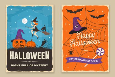 Cadılar Bayramı kutlaması broşürü, poster, afiş koleksiyonu. Cadılar Bayramı parti şablonları, davetiye posteri, mühürler, yamalar. Gömlek, logo, baskı, pul. Typography tasarımı - vektör