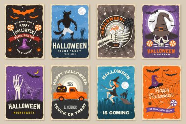 Cadılar Bayramı kutlaması broşürü, poster, afiş koleksiyonu. Cadılar Bayramı parti şablonları, davetiye posteri, mühürler, yamalar. Gömlek, logo, baskı, pul. Typography tasarımı - vektör