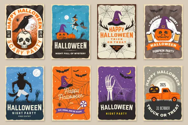 Cadılar Bayramı kutlaması broşürü, poster, afiş koleksiyonu. Cadılar Bayramı parti şablonları, davetiye posteri, mühürler, yamalar. Gömlek, logo, baskı, pul. Typography tasarımı - vektör