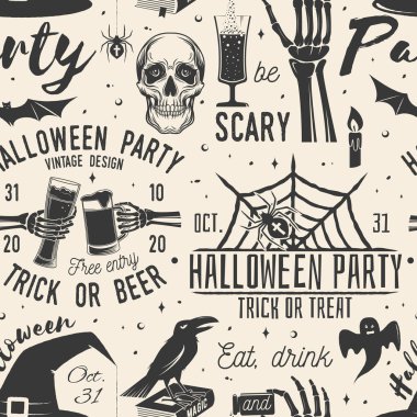 Geçmişe dönük grunge etkisi olan kusursuz bir Cadılar Bayramı kutlaması düzeni. Vektör. Cadılar Bayramı partisinin eski rozetleri. Arkaplan, duvar kâğıdı, yamalı kusursuz desen