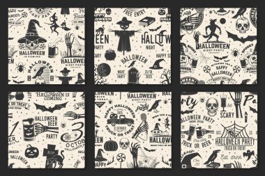 Cadılar Bayramı partisinin kusursuz bir düzeni ya da geçmişi var. Vektör. Bayram için kusursuz bir sahne. Cadılar Bayramı duvar kağıdı ya da kurt adam ambalajı, kafatası tutucu mikrofon, büyücü şapkası, örümcekler, yarasalar silueti..