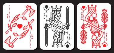 Kart kralı, kız, as. Vektör çizimi. Esrarengiz, sihirli Royal kart kralı, kraliçe, as tasarım koleksiyonu. Çizgi sanatı minimalist tarzı.