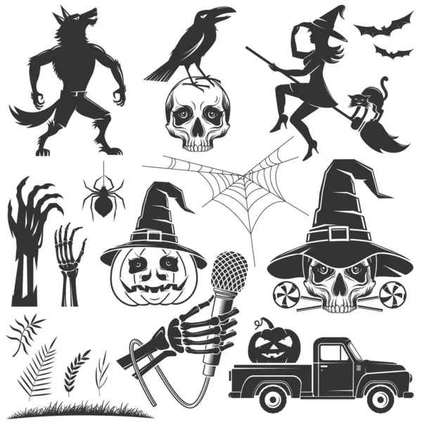 Cadılar Bayramı ikonları ve elementleri. Bal kabakları, büyücü şapkası giymiş kafatasları, kurt adam, süpürge sapında uçan cadı, balkabağı, kamyonet, kafatası tutacağı mikrofon silueti. Cadılar Bayramı tişörtleri, logoları, rozetleri, dekorasyonları, selamlamaları için mükemmel.