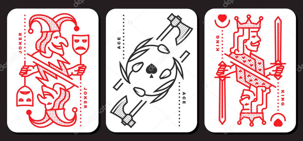 Set of playing card king, joker, ace. Vector illustration. Esoteric, magic Royal playing card king, joker, ace design collection. Line art minimalist style.