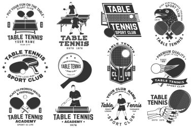 Masa tenisi kulübü posteri, afiş, broşür. Vektör. Masa tenisi, masa tenisi, masa tenisi logosu şablonları ve çıkartmalar için. Sağlık ve dostluğu destekleyecek bir yer. Maç, yarışma promosyonu, reklam.