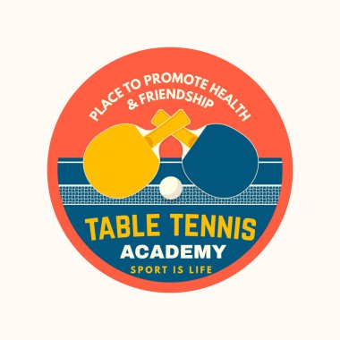 Tenis kulübü yaması, rozet, masa tenisi raketleriyle amblem. Vektör. Masa tenisi ve masa tenisi logosu şablonları ve çıkartmaları için.