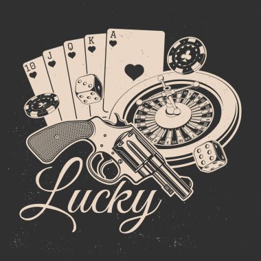 Şansa bak. Kumar antika baskısı, logo, kumar makinesi ve poker kartlı rozet tasarımı, iki zar, kumarhane fişi, silah silueti. Vektör illüstrasyonu