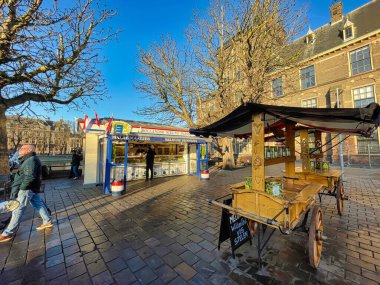 Lahey, Hollanda - 16 Aralık 2021: Tarihi Hollanda parlamentosunun önünde elinde geleneksel ringa balığı satan ahşap bir arabayla duran bir balık satıcısı