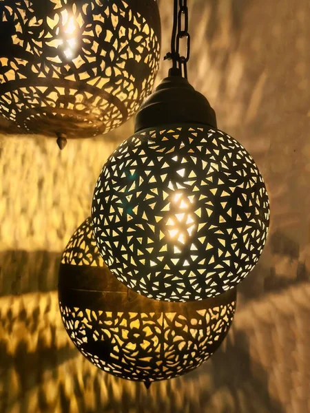 Reflections Several Typical Copper Persian Morrocan Lamps Visible Wall — Stockfoto
