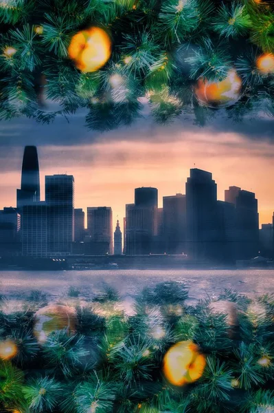 Christmas Panoramic View Skyline San Francisco Water — Stock Photo, Image