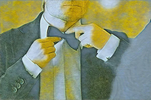 Чоловік Готує Краватку Свого Смокінгу Підготовку Вечірньої Функції — стокове фото