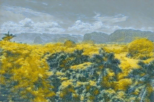 用热带石山和热带雨林描绘教科文组织维纳斯山谷风景的油画 — 图库照片