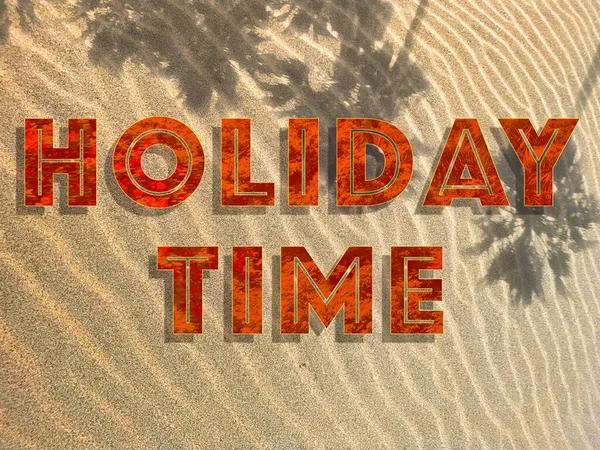 Брижі Піску Пляжі Відображенням Пальмового Дерева Текстом Час Відпустки — стокове фото