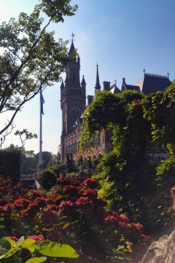 Hollanda, Hollanda - Eylül 04 2014: Barış Sarayı çevresindeki kuleleri ve Birleşmiş Milletler bayraklarıyla bahçelerin manzarası