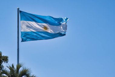 Arjantin 'in ulusal mavi beyaz bayrağı. Havada bir direkte sarı işaretler var.