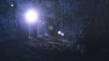 Geceleyin ormanda gizemli bir Menhir taşı. Gizemli ay ışığı kapıdan içeri giriyor.