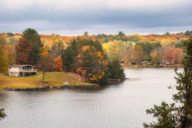 kawartha lakes, canada - 20 October 2022: a cabin on the shore of a small lake in the kawartha lakes region in fall colors