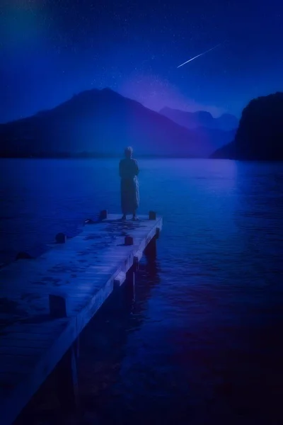 Women Standing Staring Mountain Lake Annecy Night Illuminated Sky Stars — Stock Photo, Image