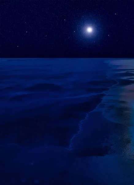 Mysterious Coastline Night Waves Ocean Coast Falling Stars Moon Sky — Stockfoto
