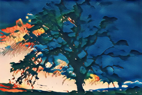 Живопись Маслом Заката Ночного Вида Величественный Дуб Яркое Японское Небо — стоковое фото