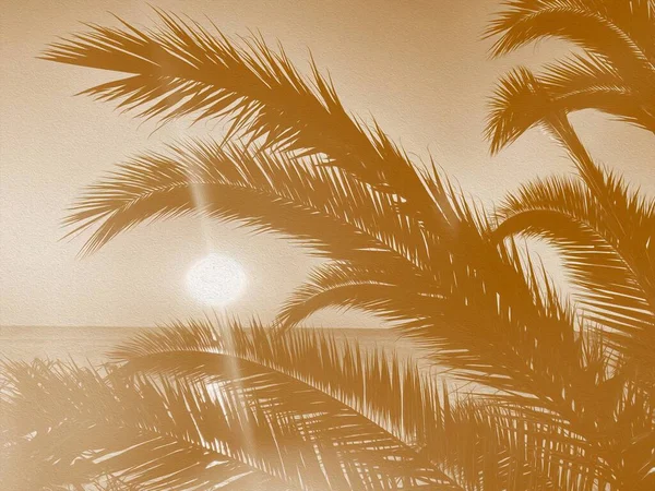 Palmy Gałęzie Tle Morze Plaża Zachód Słońca Idealne Wakacje — Zdjęcie stockowe