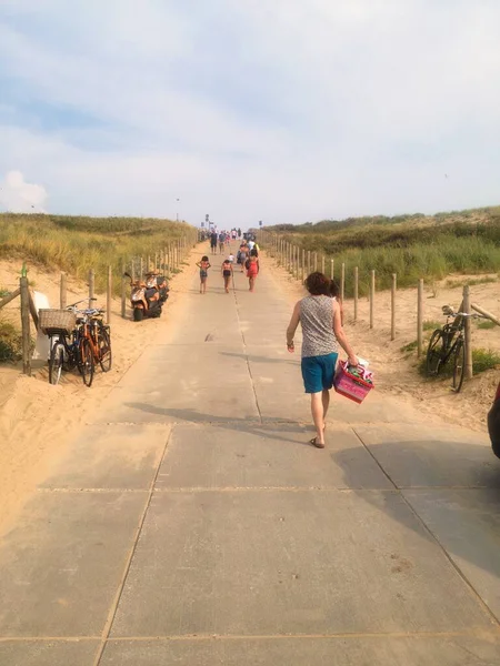 Гаага Нидерланды Августа 2014 Года Мужчина Шаге Пляжа Дюнах Шортах — стоковое фото
