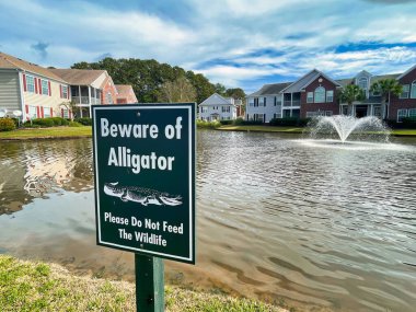 mount pleasant, united states - november 6 2022: a beware of alligators sign has been posted next to a pond in a suburb build in a swamp