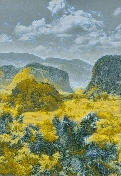Pintura Óleo Del Valle Unesco Vinales Paisaje Piedra Caliza Tropical —  Fotos de Stock