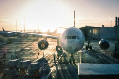 amsterdam, netherlands - 18 October 2022: airplanes are docked at gates on the platform of an airport early in the morning with sunset and fog