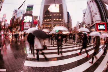 Tokyo, Japonya - 25 Kasım 2012: Yaya geçidi ve çok fazla insan görmek, kalabalığın bir taraftan diğer tarafa geçmesi büyülü, bir oyun gibi görünüyor. Burada bir sepia alçıda