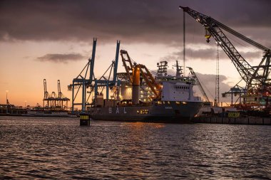 Rotterdam, Netherlands - November 22 2021 : lines of huge half and completely automated cranes to offload containers from deck ship clipart