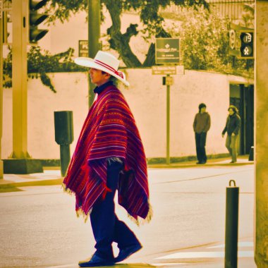 Lima, Peru - 14 Ağustos 2010: Miraflores sokaklarında panço ve şapka giymiş geleneksel Perulu bir adam yürüyor