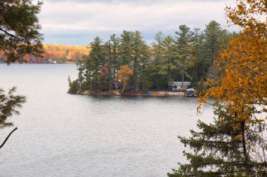 kawartha lakes, canada - 20 October 2022: a cabin on the shore of a small lake in the kawartha lakes region in fall colors